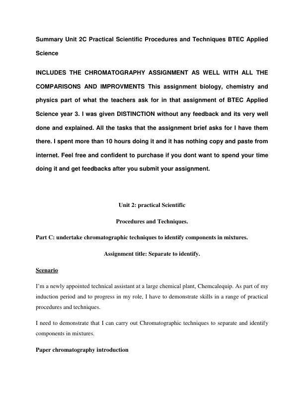 Summary Unit 2C Practical Scientific Procedures and Techniques BTEC Applied Science