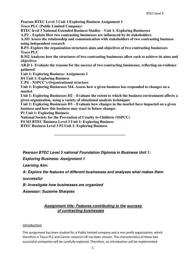 Summary BTEC Business Level 3 Unit 1 - Exploring Businesses