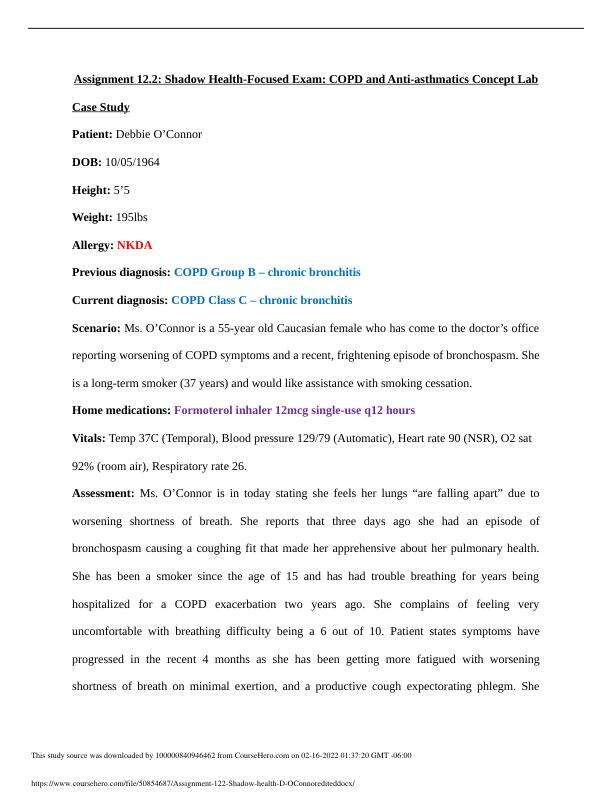 Assignment 12.2 Shadow Health-Focused Exam COPD and Anti-asthmatics Concept Lab Case Study