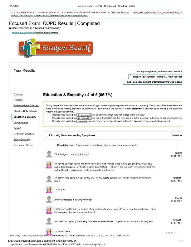 Focused Exam COPD Education And Empathy, COPD Results Completed