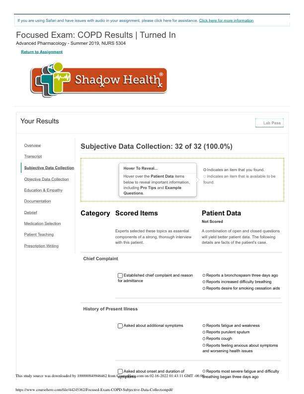 Focused Exam COPD Subjective Data Collection