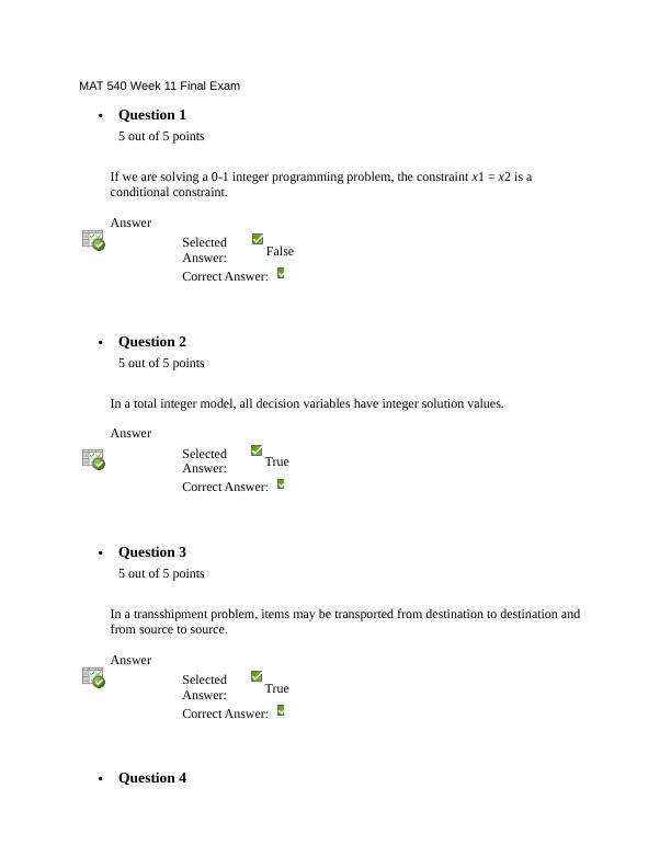 MAT 540 Week 11 Final Exam 1