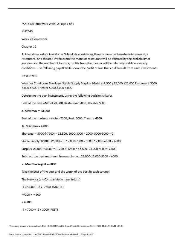 MAT540 Homework Week 2 Page 1 of 4 Chapter 12