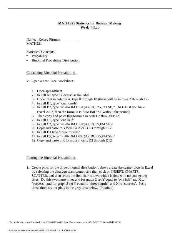 MATH 221 Statistics for Decision Making Week 4 iLab