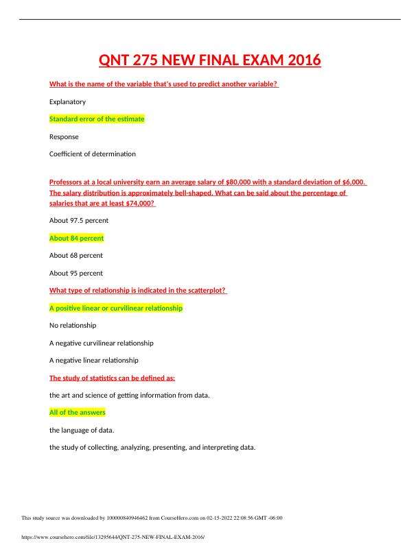 QNT 275 NEW FINAL EXAM