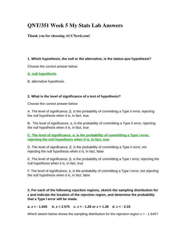 QNT 351 Week 5 My Stats Lab Answers