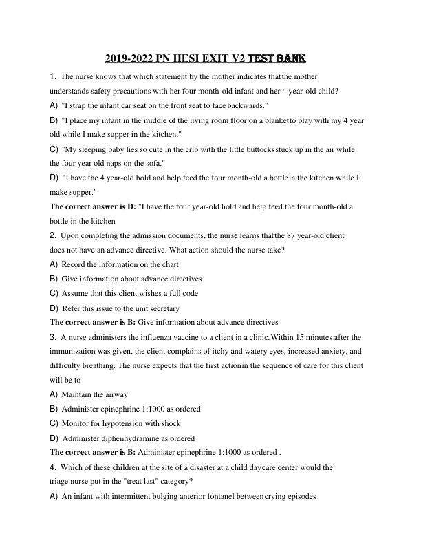 PN HESI EXIT EXAM 2022 Version 2 TEST BANK