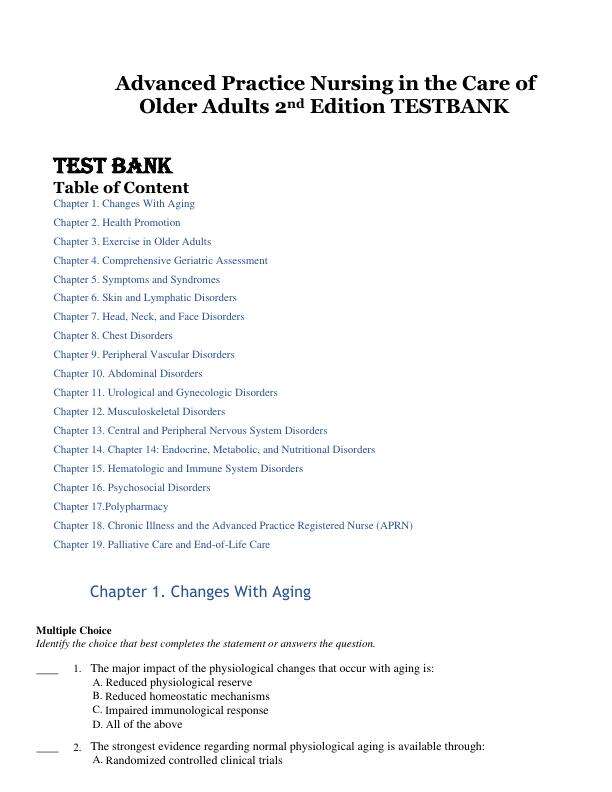 TEST BANK FOR ADVANCED PRACTICE NURSING IN THE CARE OF OLDER ADULTS 2ND EDITION BY KENNEDY-MALONE