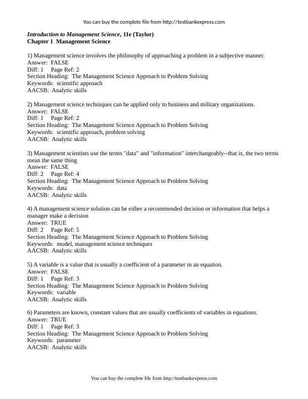 Test Bank for Introduction to Management Science 11 Edition by Taylor