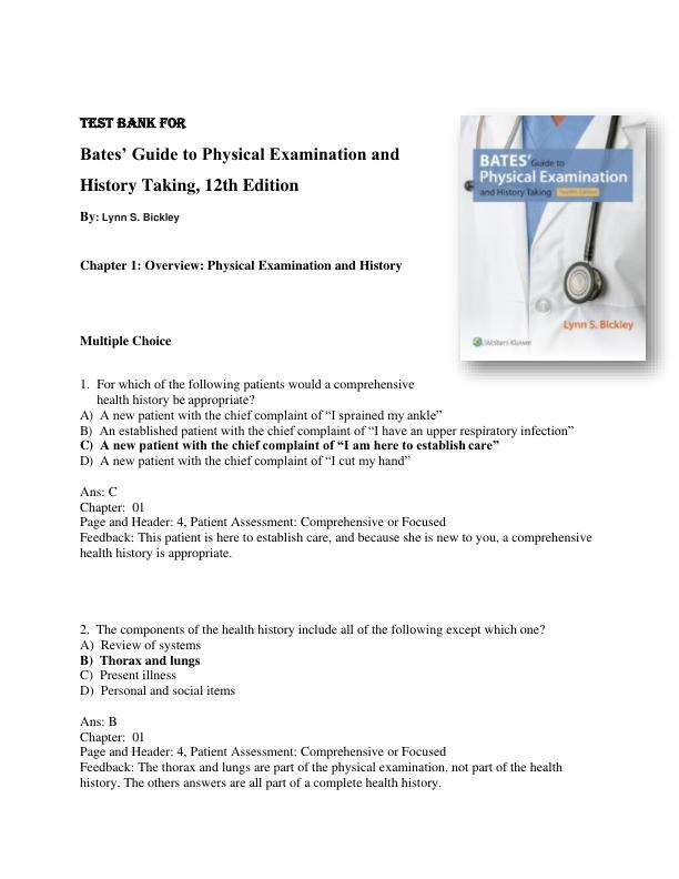 Test Bank for Bates’ Guide to Physical Examination and History Taking, 12th Edition Chapters 1-20
