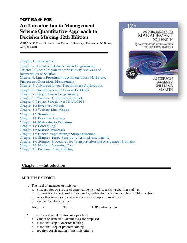 Test Bank for An Introduction to Management Science Quantitative Approach to Decision Making 12th Edition by Anderson, Sweeney, Williams, Martin Chapters 1-21