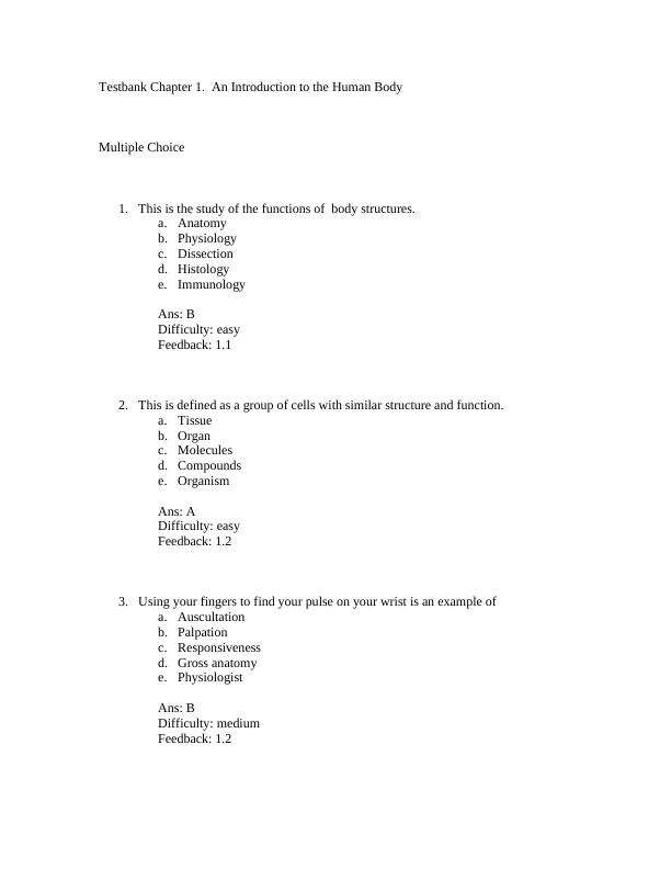 Testbank Chapter 1. An Introduction to the Human Body