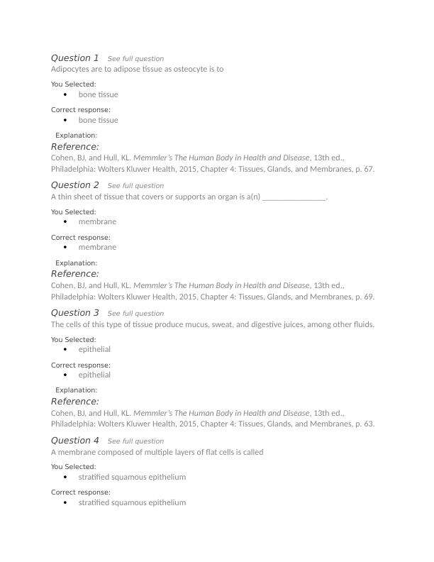 Testbank Chapter 4 Tissues, Glands, and Membranes