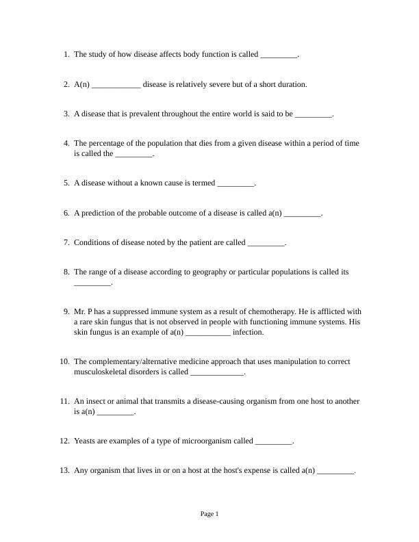 Testbank Chapter 5 Disease and Disease-Producing Organisms