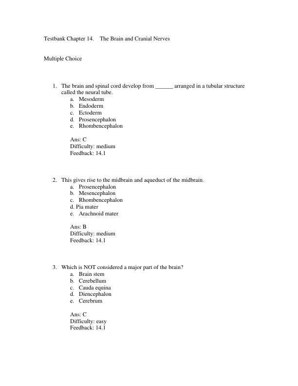 Testbank Chapter 10. The Brain and Cranial Nerves