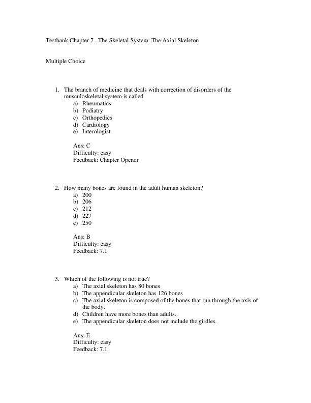 Testbank Chapter 7. The Skeletal System The Axial Skeleton