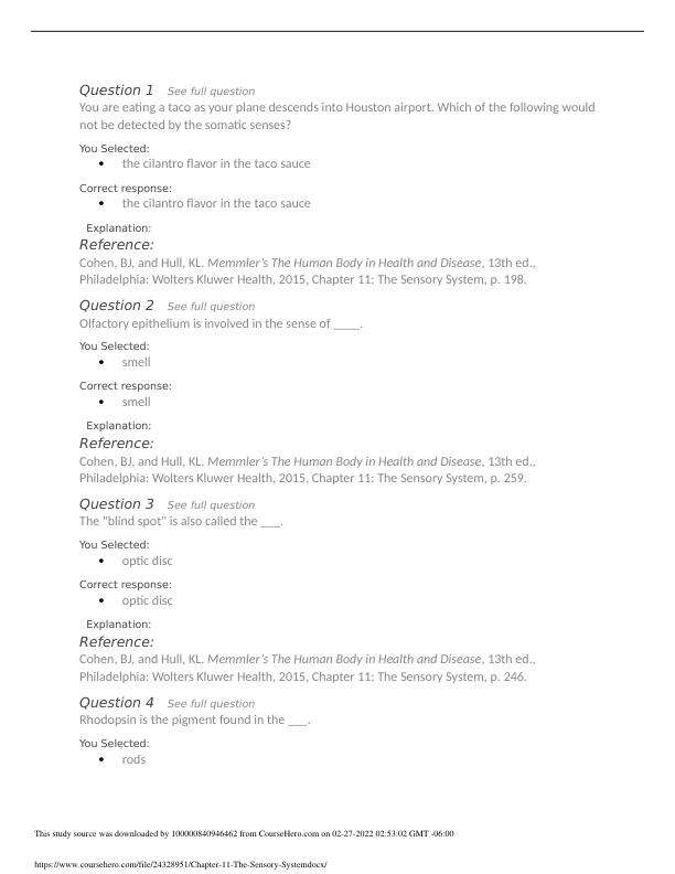 Testbank Chapter 11 The Sensory System