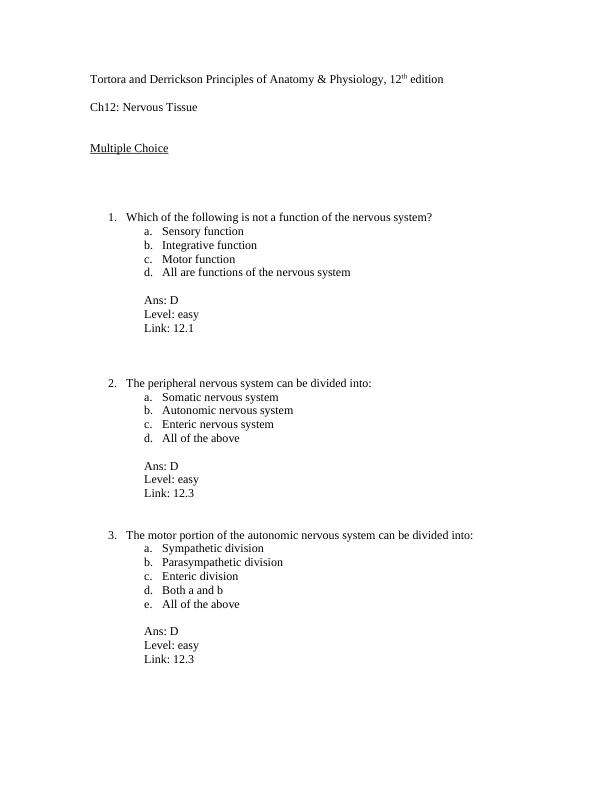 Testbank Chapter 12. Nervous Tissue   12th Edition