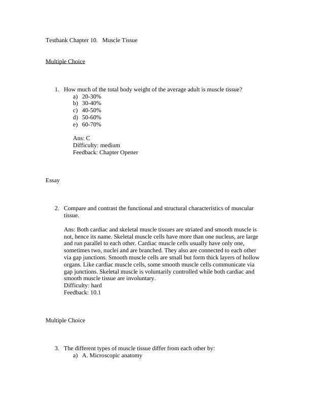 Testbank Chapter 10. Muscle Tissue
