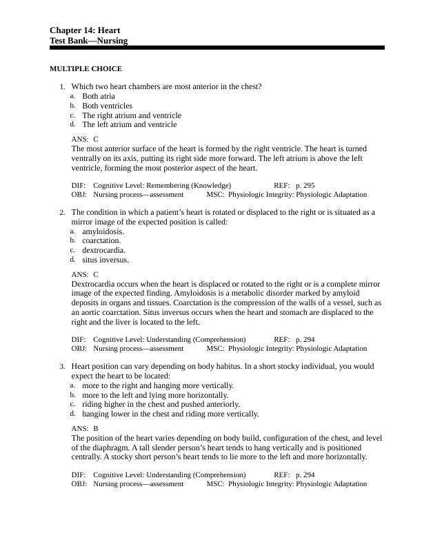 Testbank Chapter 14 The Heart and Heart Disease