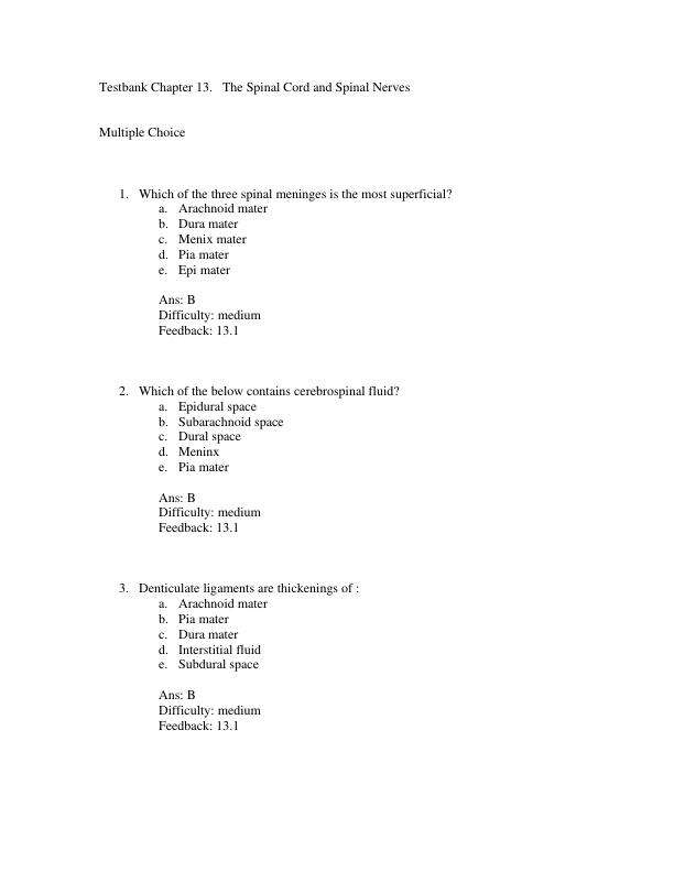 Testbank Chapter 13. The Spinal Cord and Spinal Nerves