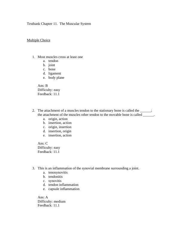 Testbank Chapter 11. The Muscular System