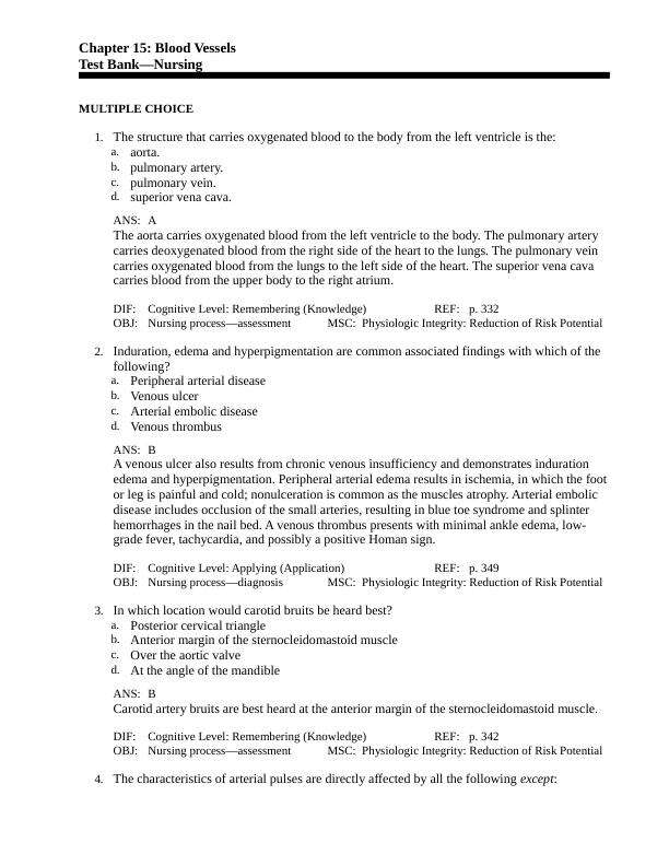 Testbank Chapter 15 Blood Vessels and Blood Circulation