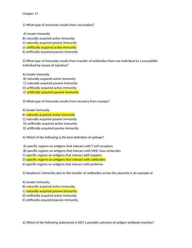 Testbank Chapter 17 Immunity