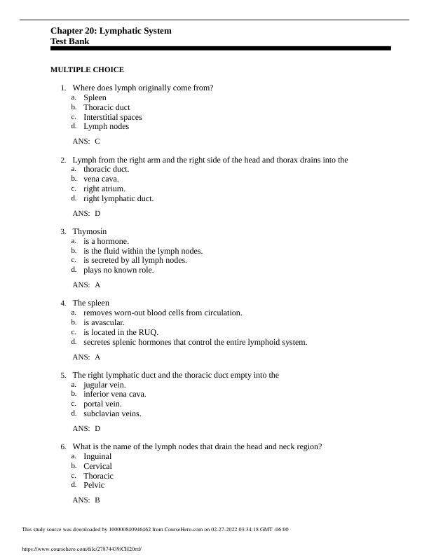 Testbank Chapter 16 The Lymphatic System and Lymphatic Circulation