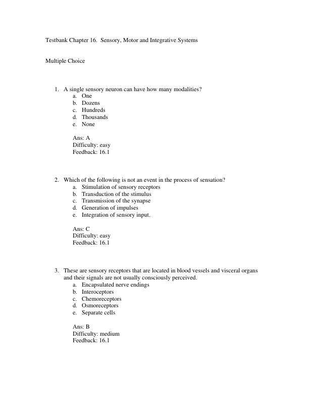 Testbank Chapter 16. Sensory, Motor and Integrative Systems