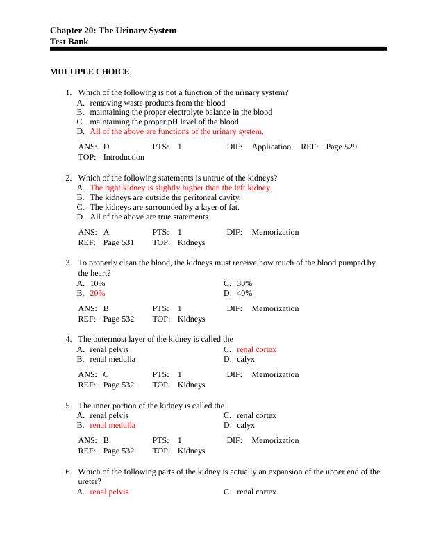 Testbank Chapter 21 The Urinary System