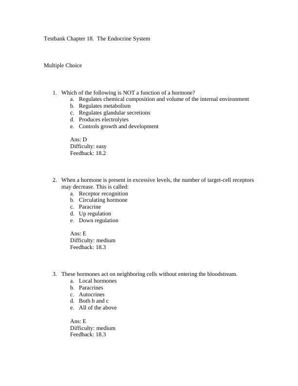 Testbank Chapter 18. The Endocrine System