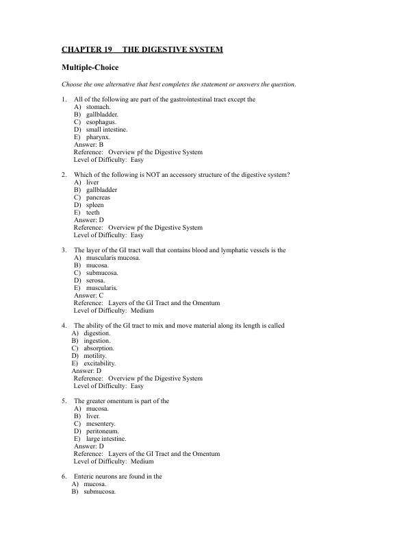 Testbank CHAPTER 19 THE DIGESTIVE SYSTEM