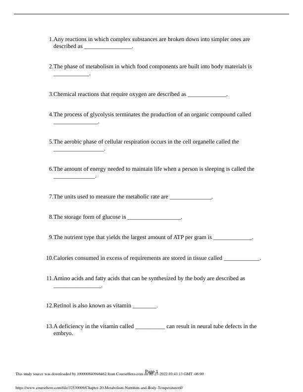 Testbank Chapter 20 Metabolism, Nutrition, and Body Temperature