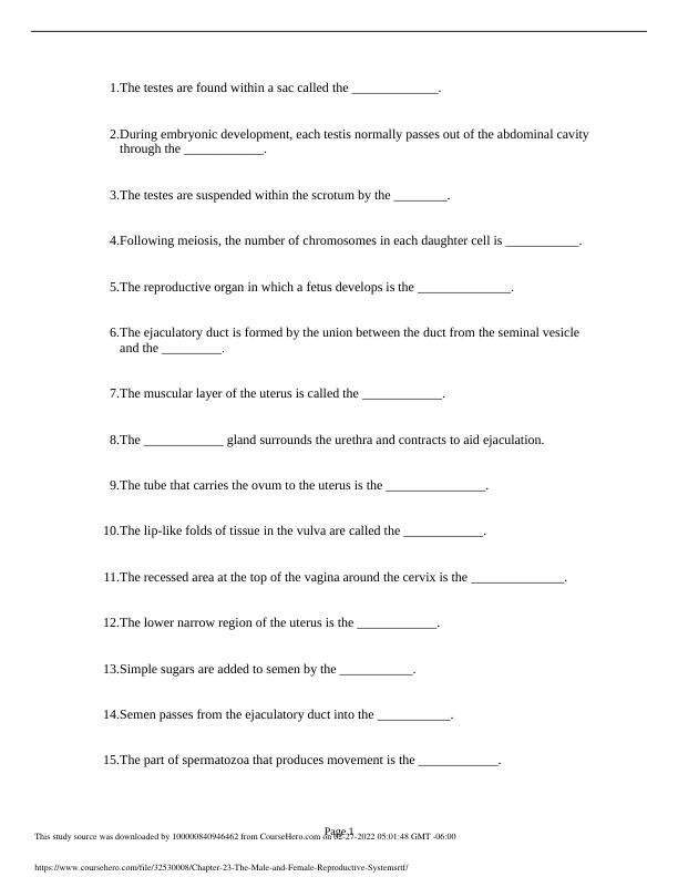 Testbank Chapter 23- The Male and Female Reproductive Systems