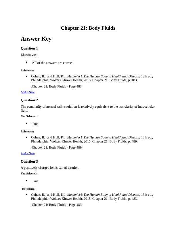 Testbank Chapter 22 Body Fluids