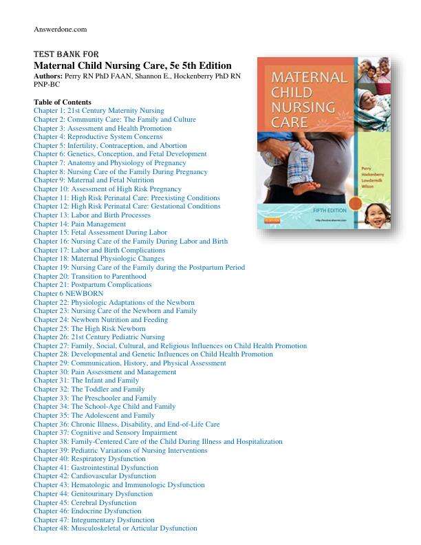 Test Bank for Maternal Child Nursing Care 5th Edition By Perry RN PhD FAAN, Shannon E., Hockenberry PhD RN PNP-BC Chapter 1-49 Complete Guide A+