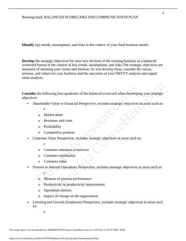 Balanced Scorecard and Communication Plan