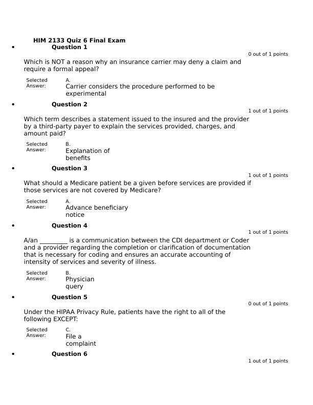 HIM 2133 Quiz 6 Final Exam