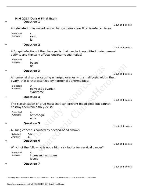 HIM 2214 Quiz 6 Final Exam