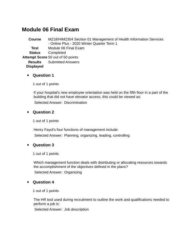 HIM 2304 Module 06 Final Exam