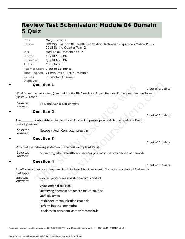HIM 2956 Module 4 domain 5 quiz