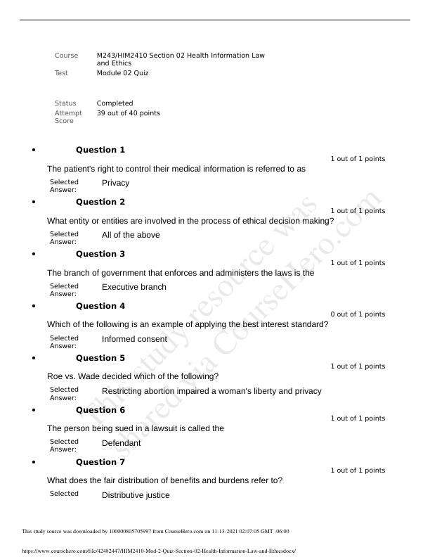 HIM2410 Module 2 Quiz 2 Section 02 Health Information Law and Ethics