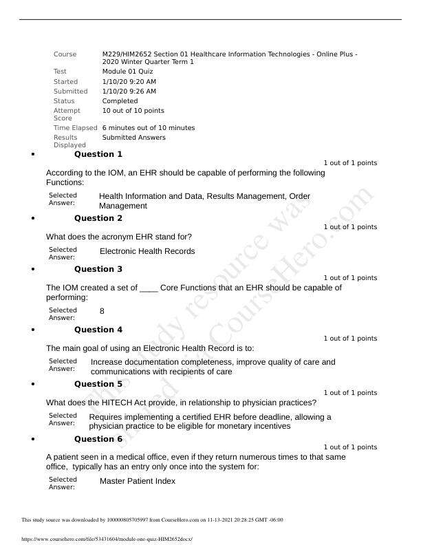 HIM2652 Module 1 Quiz 1
