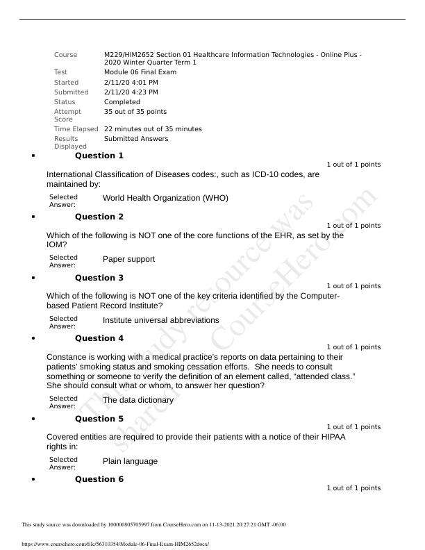 HIM2652 Module 6 Final Exam