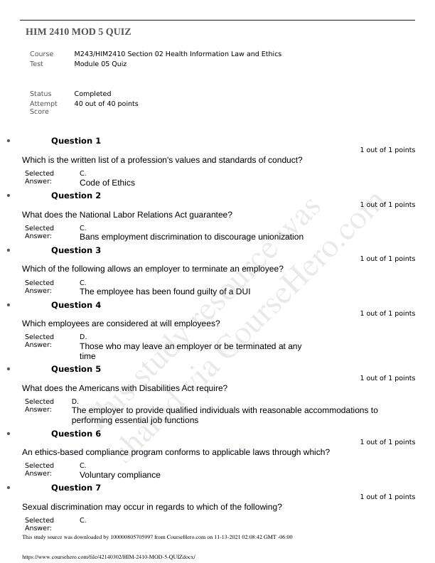 HIM2410 Module 5 Quiz 5