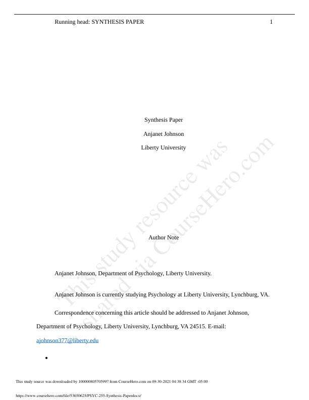 Liverty University PSYC255 Synthesis Paper