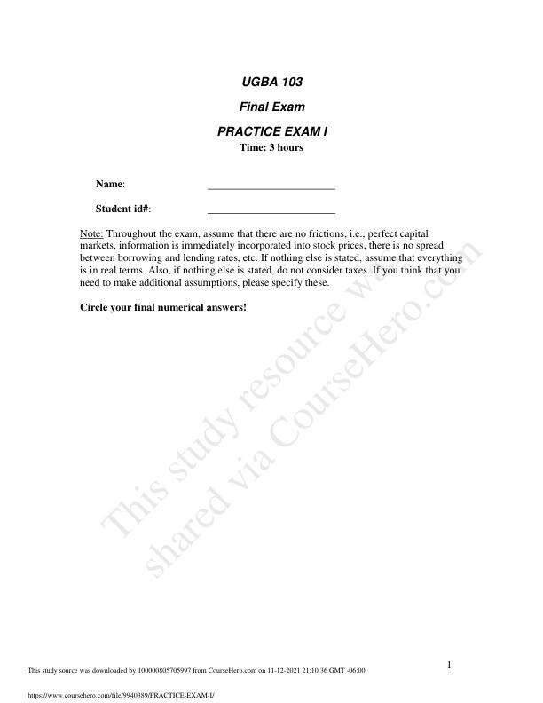 UGBA 103 PRACTICE EXAM I