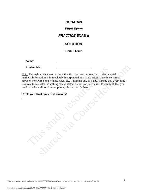 UGBA 103 PRACTICE EXAM II - solution