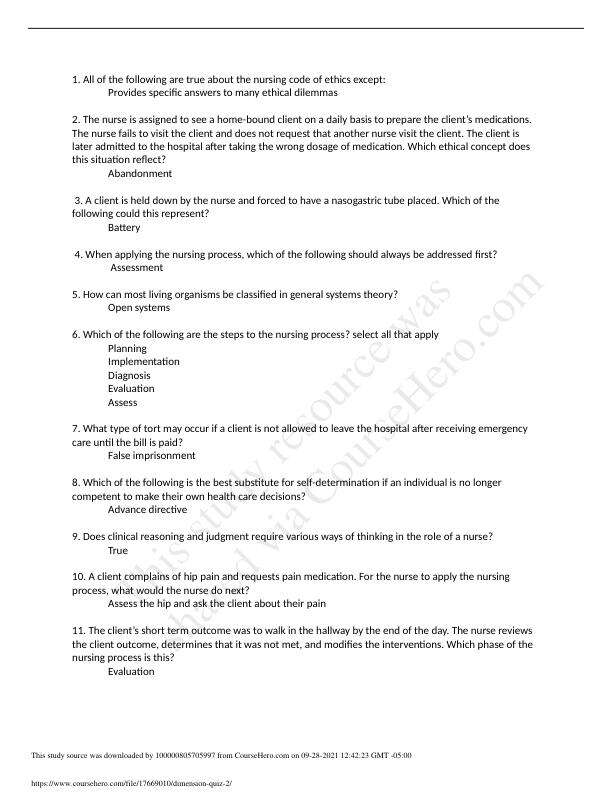 NUR2058 Dimensions Of Nursing Exam 2
